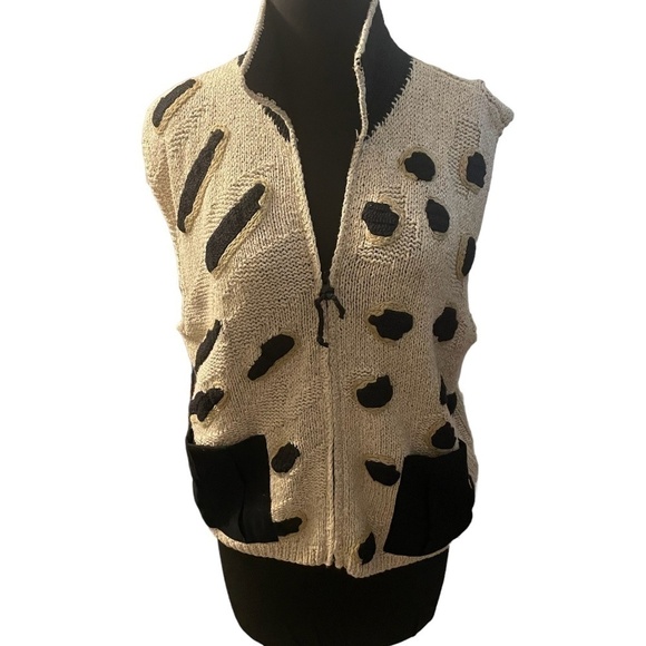 Vintage Belle Pointe Vest Women's LargeTan & Black Embroidered Knit - Picture 2 of 7
